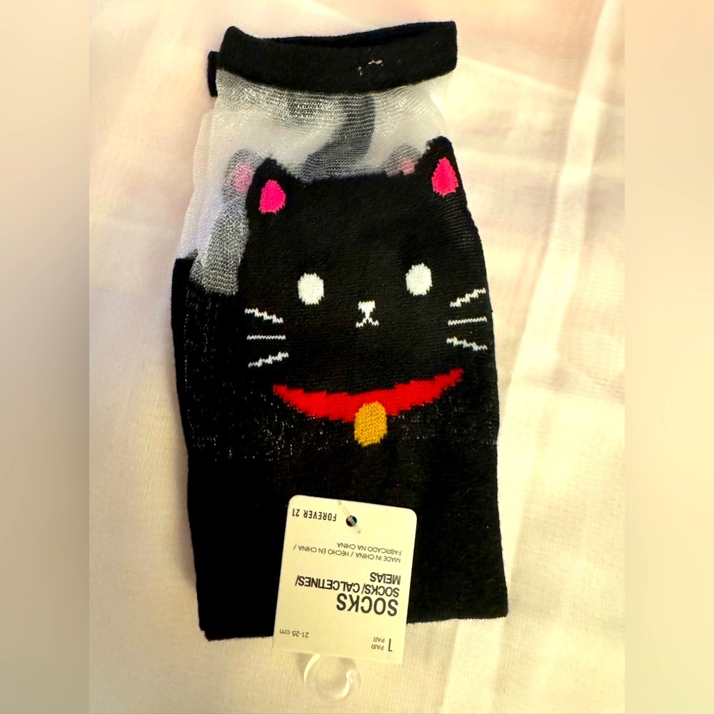 Forever 21 Black Lucky Cat mesh Socks with Red and Gold Accents - NWT